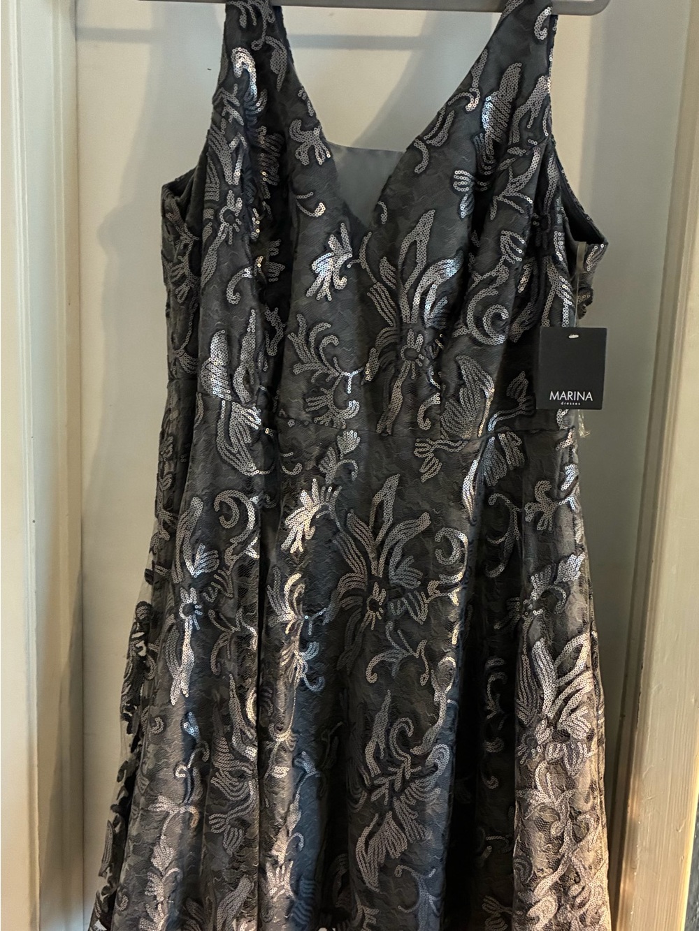 Marina Pewter Gray with sequin Floral Jacquard V-Neck Dress